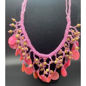 Pink Disc Bead Statement Necklace Shell Wood Artisan Handcrafted Barbiecore Boho